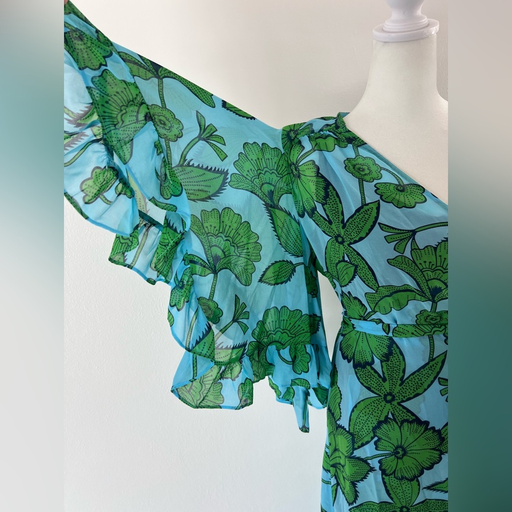 CAbi Derby Dress Light Blue & Green Flutter Sleeve True Wrap Midi Dress Small - Picture 4 of 11